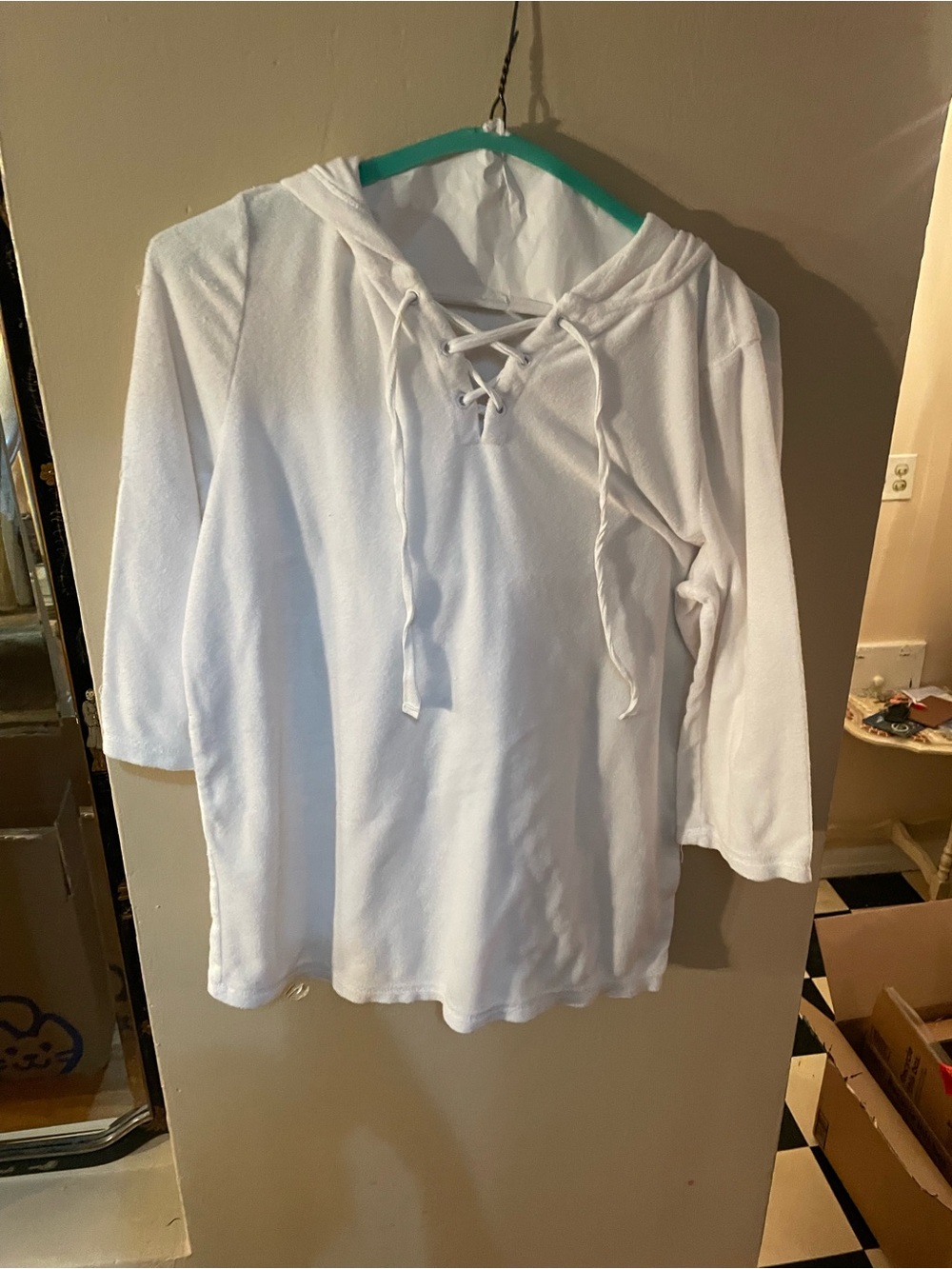 AnyBody white terry cloth Lace-Up Hooded Pullover